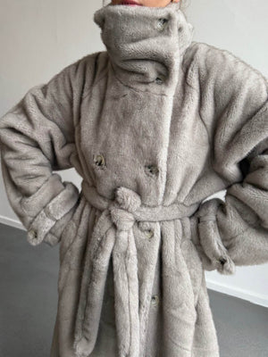 Cozy gray MEOTINE coat with a high collar and double-breasted buttons, featuring a belted waist and oversized sleeves.