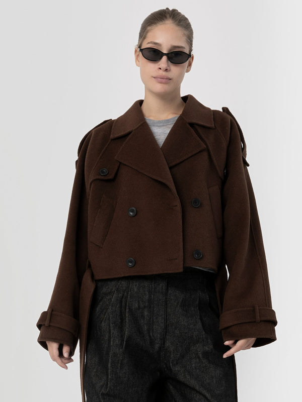 Stylish brown cropped double-breasted coat with oversized sleeves, paired with sleek sunglasses, showcasing MEOTINE's modern design.