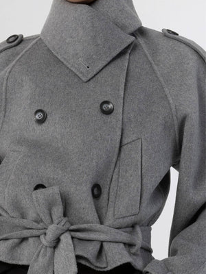 Stylish gray double-breasted coat with a high collar and tie waist, perfect for a chic look by MEOTINE.