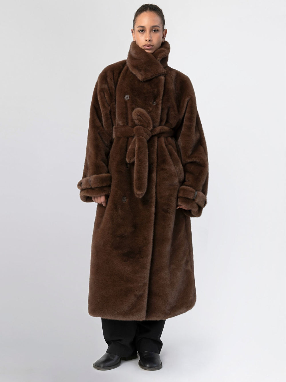 Cozy brown faux fur coat by MEOTINE, featuring a belted waist and oversized fit, perfect for stylish warmth in colder weather.