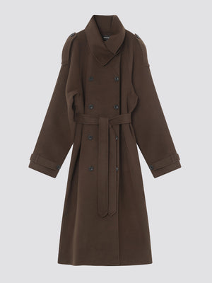 Brown double-breasted trench coat with a belt and shoulder epaulettes, showcasing a stylish and sophisticated design by MEOTINE.