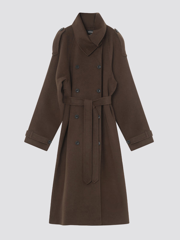 Brown double-breasted trench coat with a belt and shoulder epaulettes, showcasing a stylish and sophisticated design by MEOTINE.