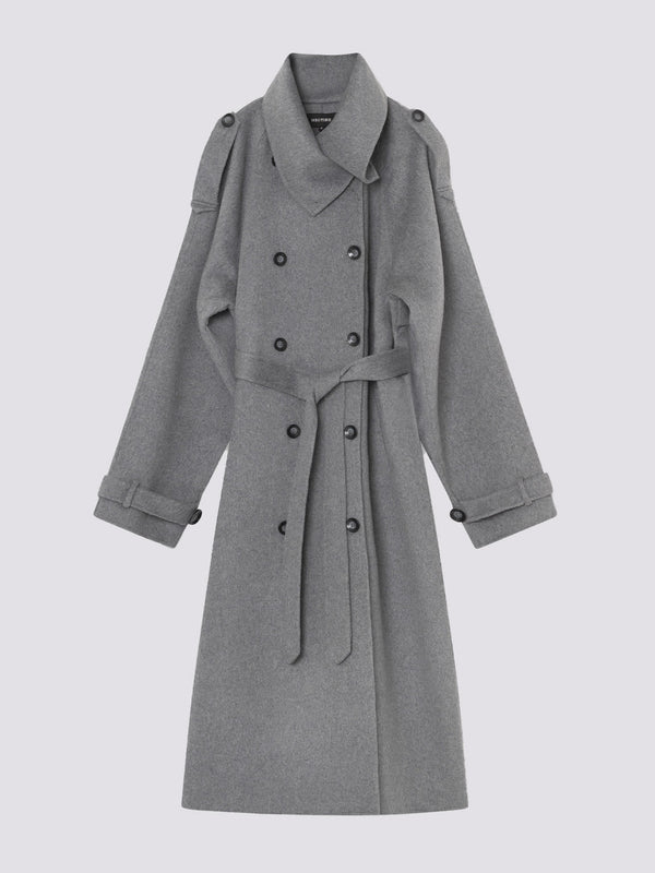 Stylish gray trench coat with a belted waist and button details, perfect for a chic look by MEOTINE.