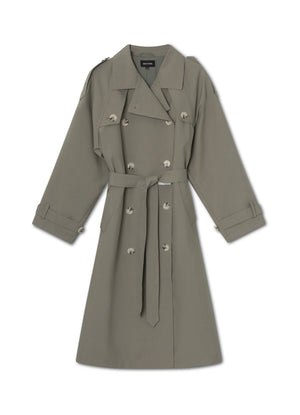 Stylish khaki trench coat with a belted waist and button details, perfect for a chic look by MEOTINE.