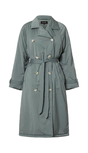 Stylish green trench coat with a belted waist and double-breasted buttons, perfect for a chic, modern look by MEOTINE.