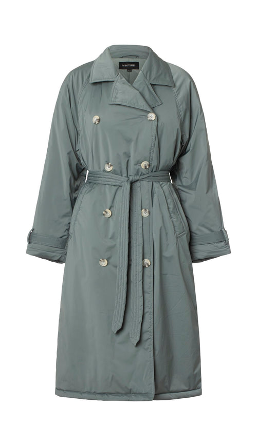 Stylish green trench coat with a belted waist and double-breasted buttons, perfect for a chic, modern look by MEOTINE.