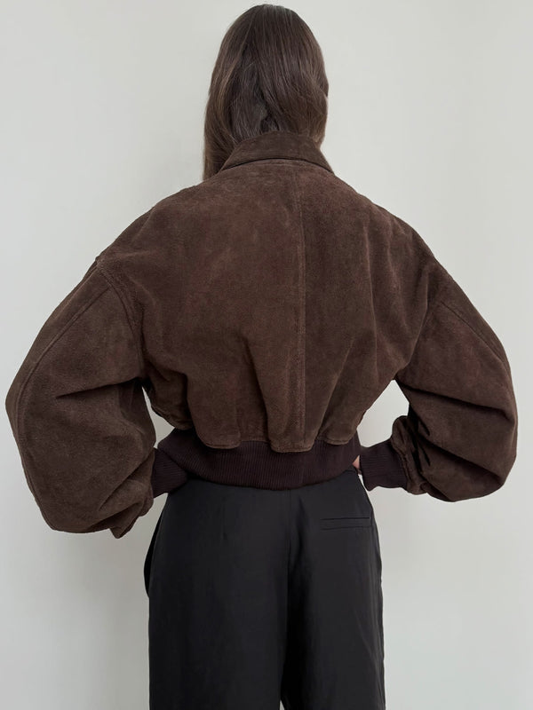 Brown cropped jacket with voluminous sleeves, showcasing a stylish and cozy design by MEOTINE, perfect for layering.