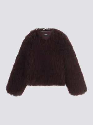 Cozy, dark burgundy faux fur jacket with a relaxed fit and long sleeves, perfect for stylish warmth by MEOTINE.