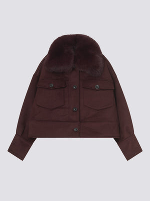 Stylish burgundy jacket with a plush fur collar, featuring button closures and front pockets, perfect for a chic look by MEOTINE.