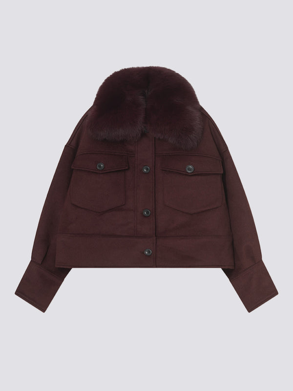 Stylish burgundy jacket with a plush fur collar, featuring button closures and front pockets, perfect for a chic look by MEOTINE.