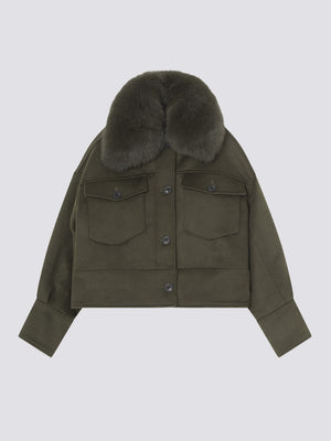 Stylish olive green cropped jacket with a plush fur collar and front pockets, perfect for a chic winter look by MEOTINE.