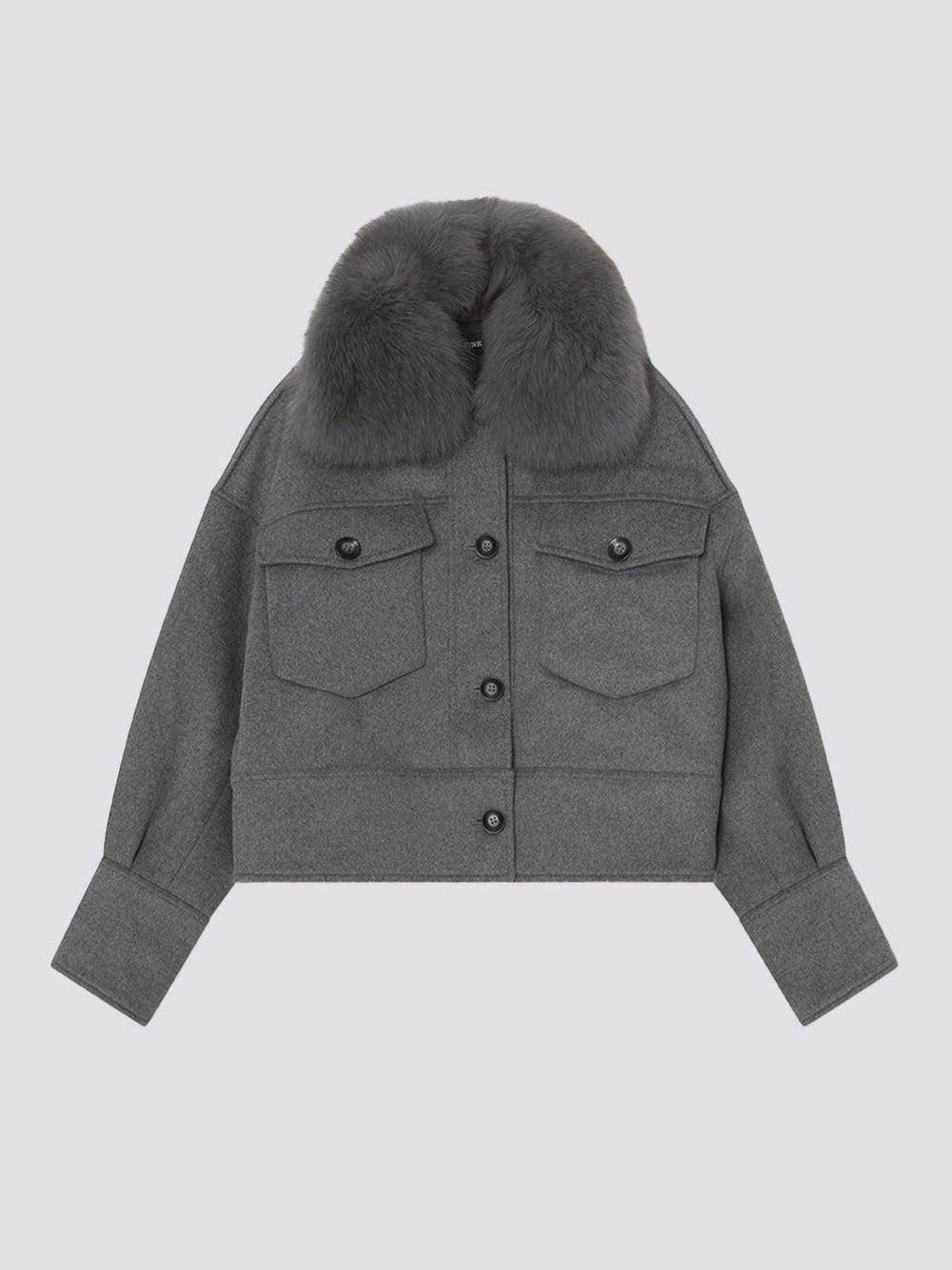 Gray cropped jacket with a fur collar and two front pockets, featuring button closures. Perfect for stylish layering by MEOTINE.