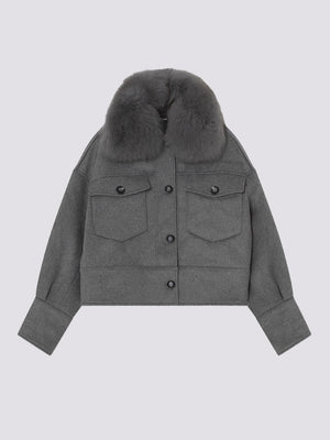 Gray cropped jacket with a fur collar and two front pockets, featuring button closures. Perfect for stylish layering by MEOTINE.
