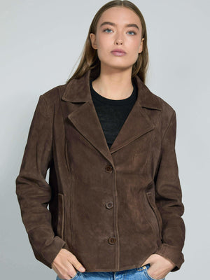 Stylish brown suede jacket featuring a notched collar and button closure, perfect for a chic look by MEOTINE.