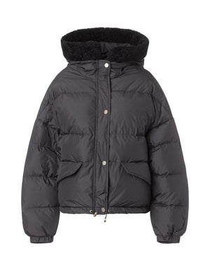 Stylish black puffer jacket with a cozy fur-lined hood, perfect for winter wear. Features a cropped design by MEOTINE.