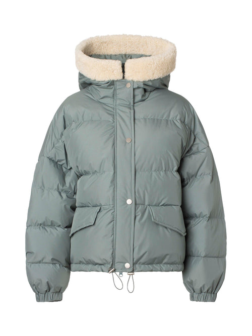 Cozy green puffer jacket with a fluffy cream hood and collar, featuring a zip closure and side pockets, by MEOTINE.