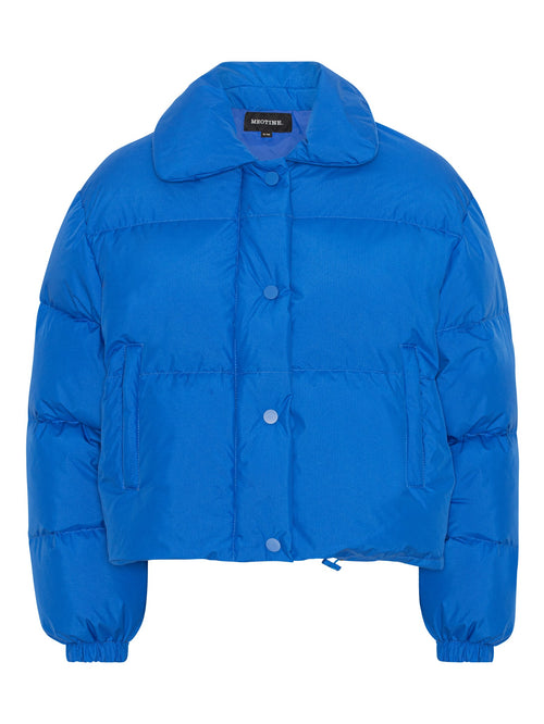 Cropped blue puffer jacket with a button-up front and a classic collar, featuring a stylish and modern design by MEOTINE.