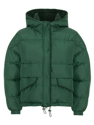 Green puffer jacket with a cozy hood, featuring a soft lining and front pockets, perfect for winter wear by MEOTINE.