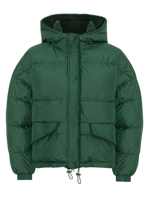 Green puffer jacket with a cozy hood, featuring a soft lining and front pockets, perfect for winter wear by MEOTINE.