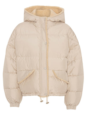 Beige puffer jacket with a cozy sherpa lining and hood, featuring a relaxed fit and adjustable drawstring hem by MEOTINE.