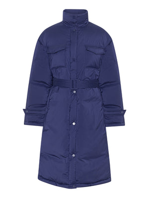 Navy blue puffer coat with a belted waist and large front pockets, designed for warmth and style by MEOTINE.