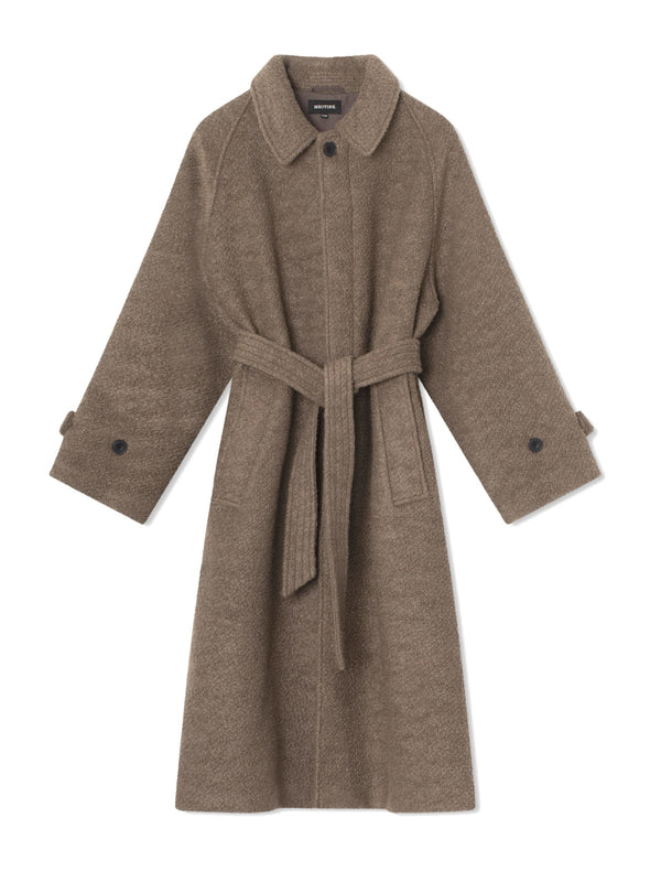 Cozy brown belted coat with a collar and wide sleeves, perfect for layering in cooler weather. By MEOTINE.