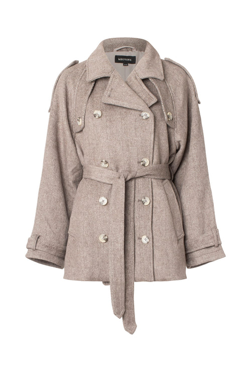 Stylish beige trench coat with a belted waist and double-breasted buttons, perfect for a chic look by MEOTINE.