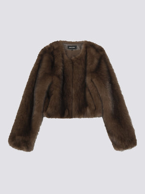 Brown faux fur cropped jacket with long sleeves, perfect for adding warmth and style to any outfit. MEOTINE brand.