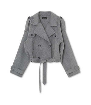 Stylish gray cropped jacket with double-breasted buttons and a belted waist, perfect for a chic look by MEOTINE.