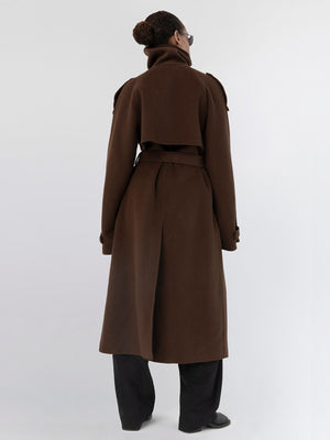 Elegant brown trench coat with a high collar and belted waist, showcasing a stylish back view. Perfect for a chic look by MEOTINE.