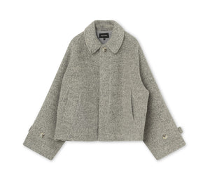 Gray wool blend jacket with a relaxed fit and large pockets, featuring a classic collar. Perfect for stylish layering by MEOTINE.