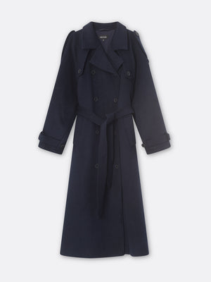 Elegant navy trench coat with double-breasted buttons and a belted waist, perfect for stylish layering by MEOTINE.