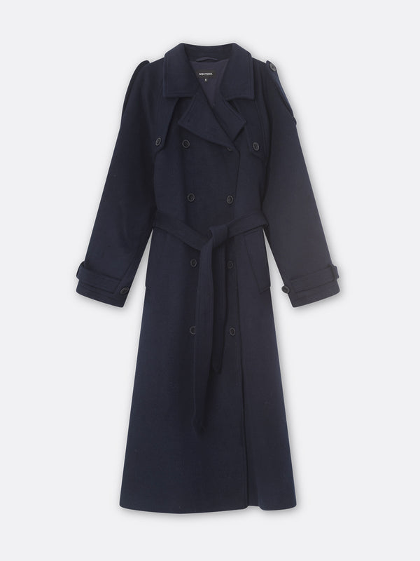 Elegant navy trench coat with double-breasted buttons and a belted waist, perfect for stylish layering by MEOTINE.
