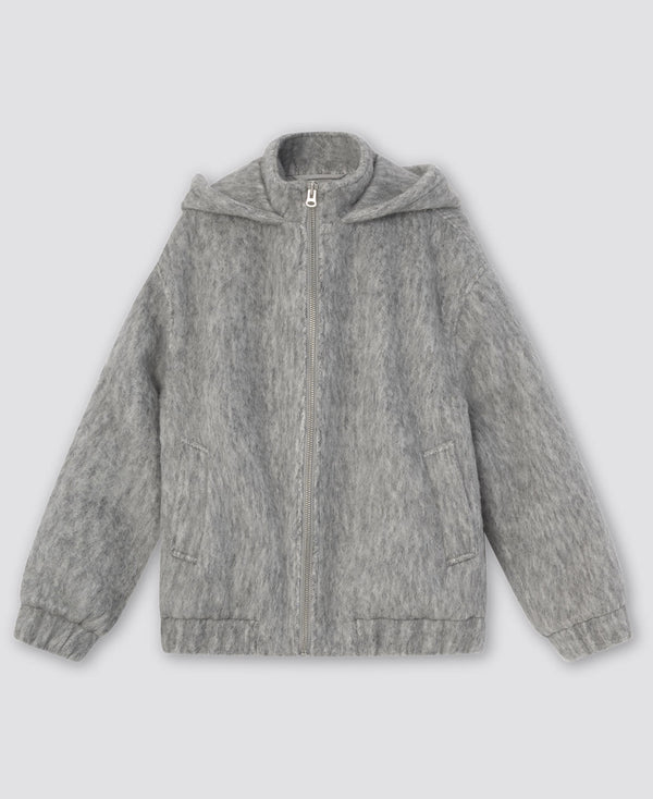 Cozy gray hoodie jacket with a soft texture and front pockets, perfect for casual wear. Designed by MEOTINE.