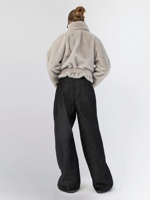 Cozy MEOTINE oversized fleece jacket paired with high-waisted black wide-leg pants, showcasing a stylish back view.