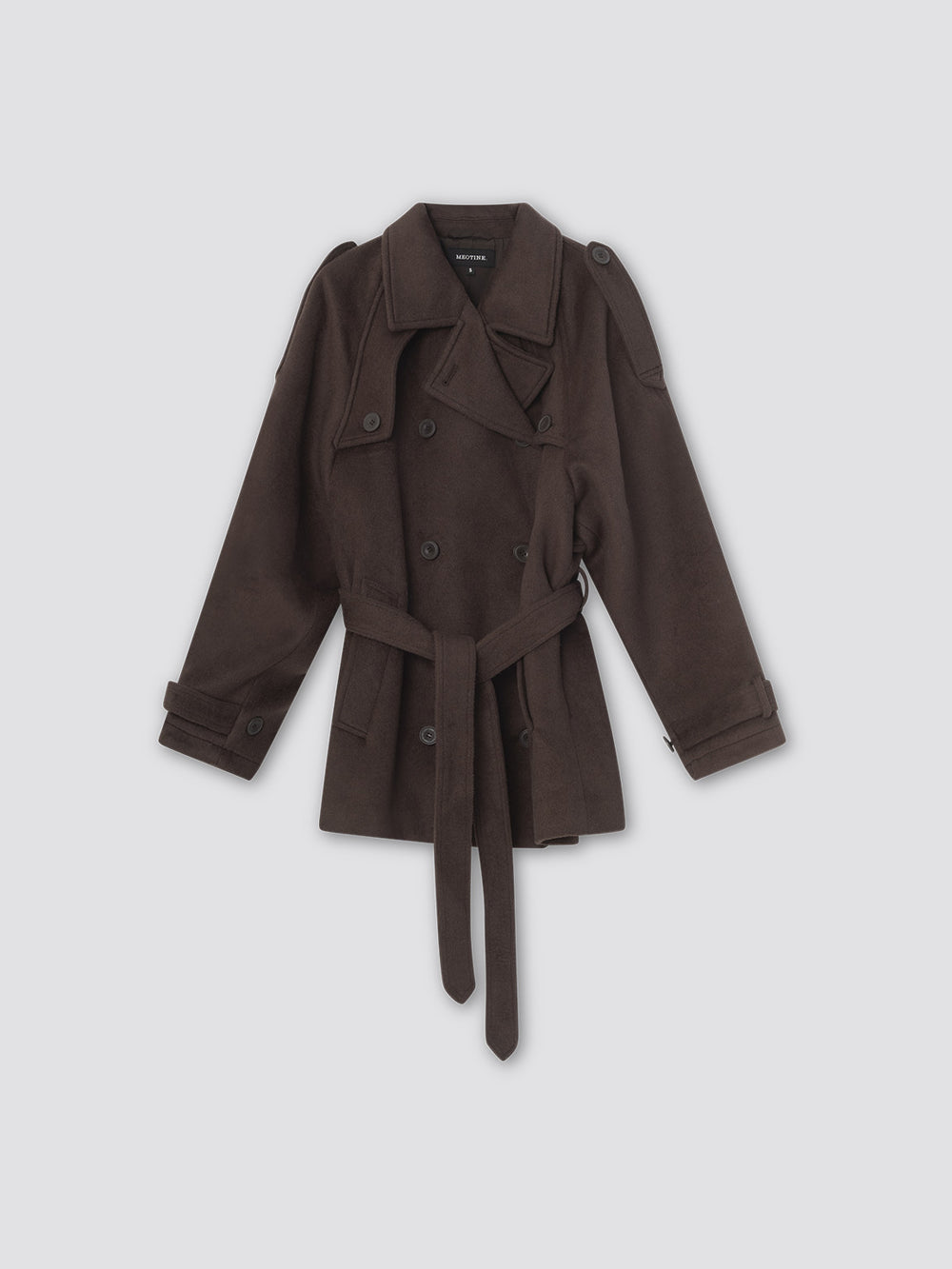 Stylish brown trench coat with a belted waist and double-breasted design, perfect for a chic look by MEOTINE.