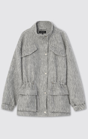 Cozy gray jacket with a relaxed fit, featuring front pockets and a drawstring waist, perfect for casual outings. MEOTINE.