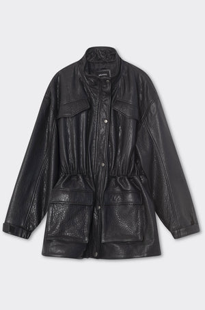 Stylish black leather jacket with a cinched waist and front pockets, perfect for a chic look by MEOTINE.