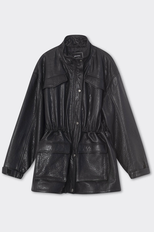 Stylish black leather jacket with a cinched waist and front pockets, perfect for a chic look by MEOTINE.