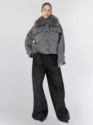 Stylish gray jacket with a fur collar paired with wide-leg black pants, showcasing MEOTINE's modern and chic aesthetic.