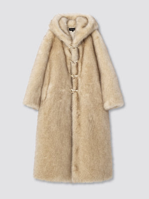 Luxurious beige faux fur coat with a hood and toggle closure, perfect for stylish warmth. Ideal for winter outings by MEOTINE.