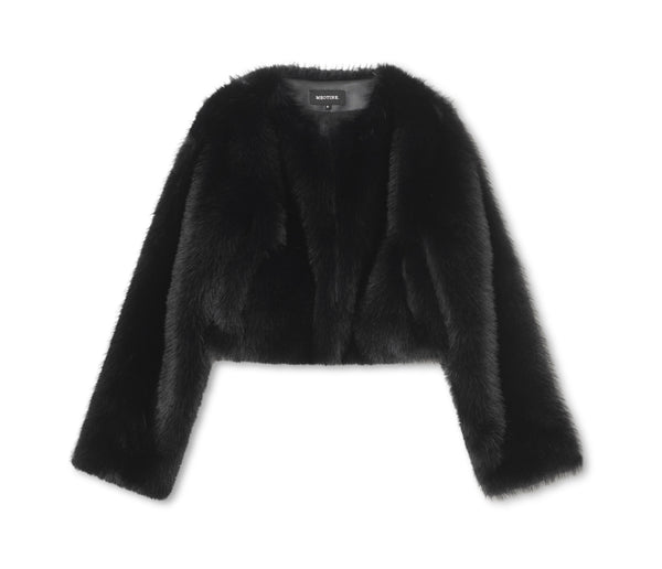 Stylish black faux fur cropped jacket with long sleeves, perfect for adding a chic touch to any outfit. MEOTINE brand.