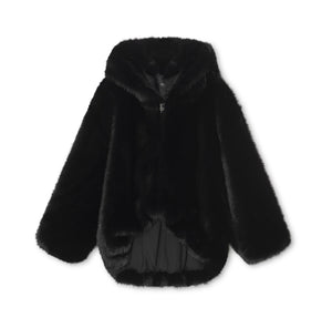 Cozy black faux fur jacket with a hood, featuring a soft texture and relaxed fit, perfect for stylish warmth by MEOTINE.