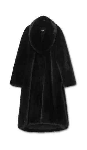 Luxurious black faux fur coat with a wide collar, perfect for stylish warmth. Ideal for winter outings by MEOTINE.