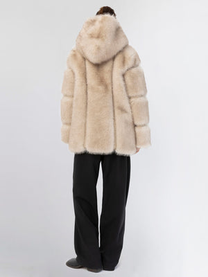 Luxurious beige faux fur coat with a hood, featuring a stylish oversized fit, perfect for winter warmth by MEOTINE.
