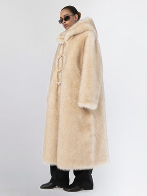 Luxurious beige faux fur coat with a hood, featuring a relaxed fit and stylish toggle closures, perfect for winter by MEOTINE.