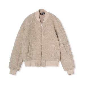Cozy beige bomber jacket with a soft, textured finish and ribbed cuffs, featuring a zip closure and side pockets by MEOTINE.
