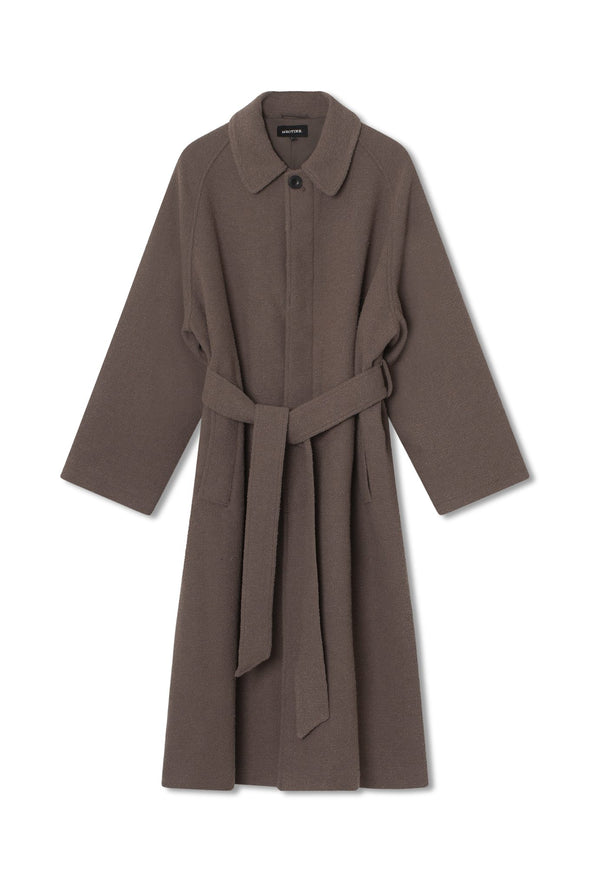 A stylish brown coat with a belted waist and wide sleeves, perfect for layering, by MEOTINE.