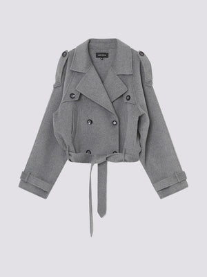 Stylish gray cropped trench coat with double-breasted buttons and a belted waist, perfect for a chic look by MEOTINE.