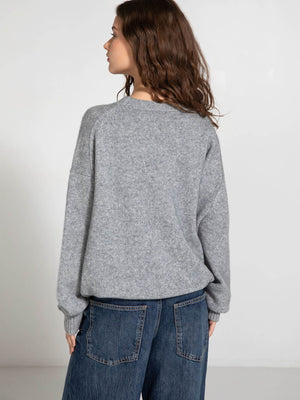 Cozy gray sweater with a relaxed fit, paired with high-waisted denim jeans, showcasing a casual yet stylish look by MEOTINE.